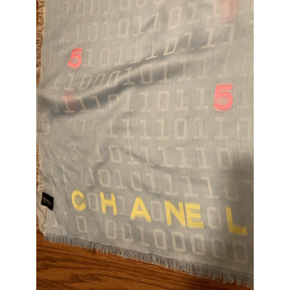 Chanel Scarf Wrap Silk Cashmere Light Blue Spell Out Binary Numbers Fringe 56x56 - Picture 3 of 7